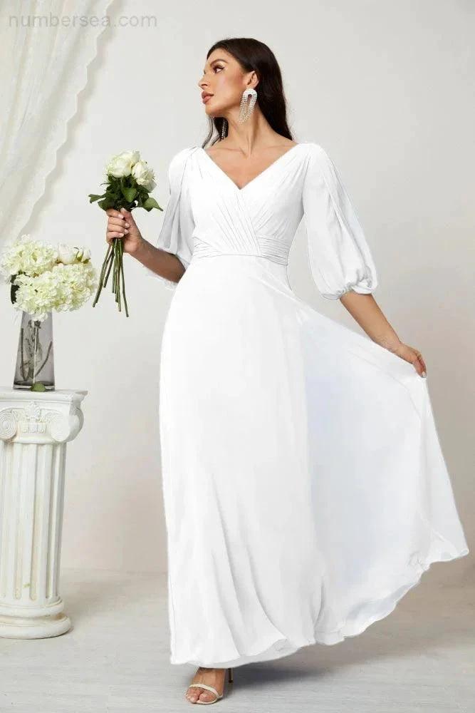 Numbersea  Formal Prom Gown Women V-Neck Chiffon Bridesmaid Dresses Long Bishop Sleeve Party Dress 2807