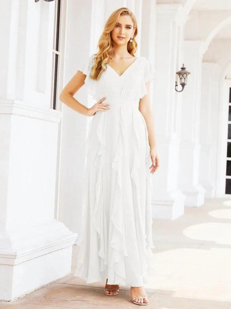 Ruffled Bridesmaid Dresses with Sleeves Long Formal Party Dress 28041