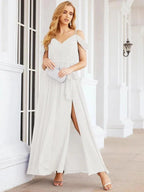 Numbersea Off The Shoulder Chiffon Bridesmaid Dress Long Formal Graduation Gown with Cowl Back 28069