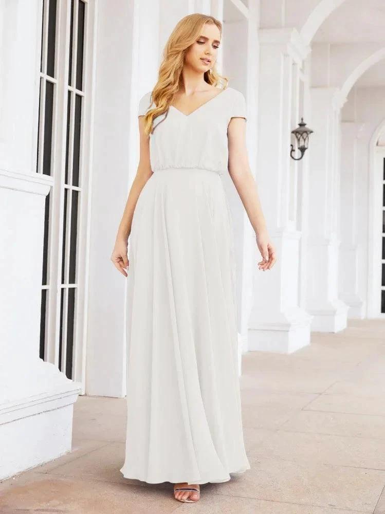 Numbersea V-Neck Bridesmaid Dresses Long Cap Sleeves Prom Evening Formal Gowns 28071