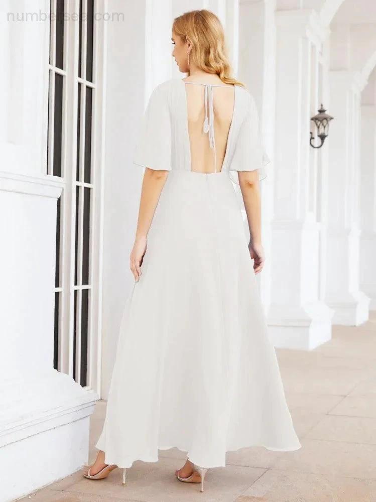 Numbersea V-Neck Bridesmaid Dress Chiffon Long Open Back Formal Dresses for Women Party Evening 28067