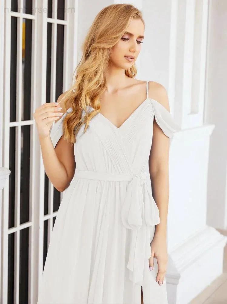 Numbersea Off The Shoulder Chiffon Bridesmaid Dress Long Formal Graduation Gown with Cowl Back 28069