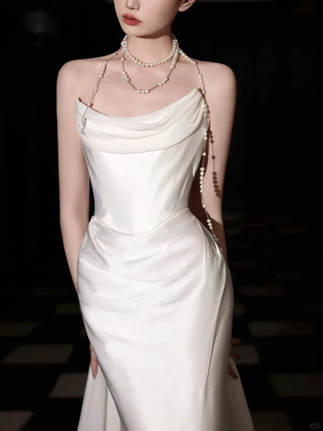Classy White Satin Chiffon Mermaid Prom Dress,Strapless Long Wedding Dress Y8591