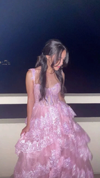 Pretty A-Line Pink Lace Appliques Tiered Long Prom Dress Formal Evening Dress Y7936