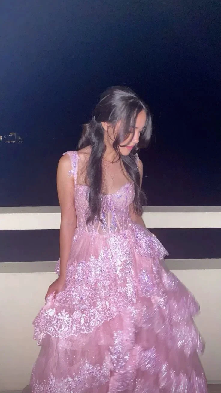 Pretty A-Line Pink Lace Appliques Tiered Long Prom Dress Formal Evening Dress Y7936