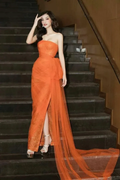 Sparkly Strapless Pleated Tulle Evening Dress Orange Slit Prom Dress Y7651