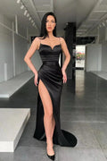 Spaghetti Straps Sleek Mermaid Black Prom Gown with Sultry Slit