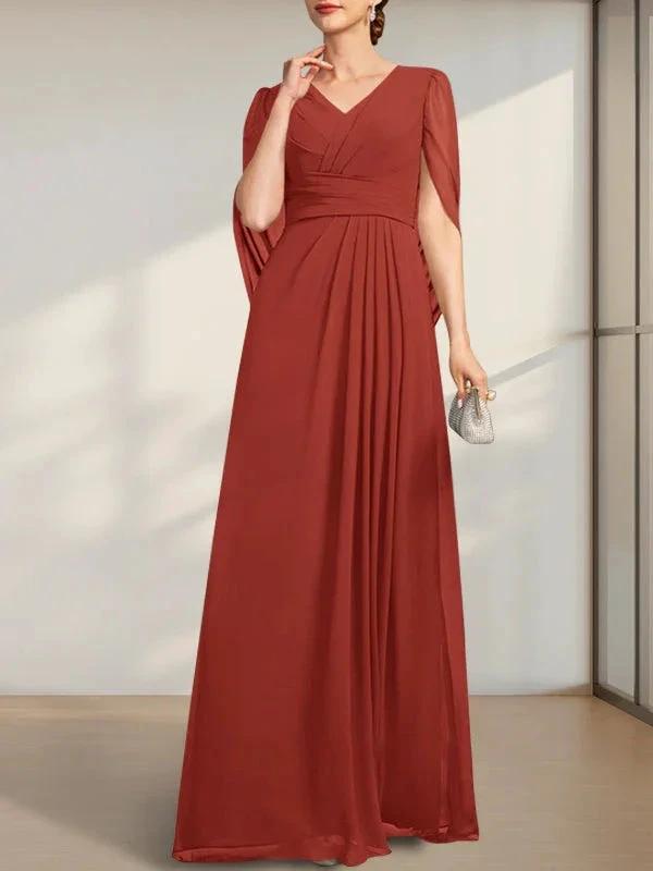 A-line V-Neck Floor-Length Chiffon Mother of the Bride Dress With Pleated