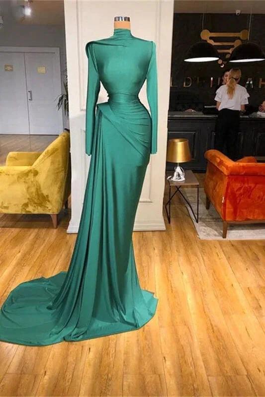 High Neck Long Sleeves Ruffled Mermaid Floor Length Prom Dress