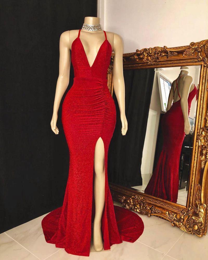 Sleeveless V-neck Halter Prom Dress with Daring Split