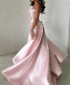 Gorgeous Pink Strapless Satin Appliques Evening Dress Formal Prom Dress Y8427