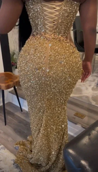 Luxurious Gold Sequins Appliques Evening Dress Mermaid Prom Dress Y7880