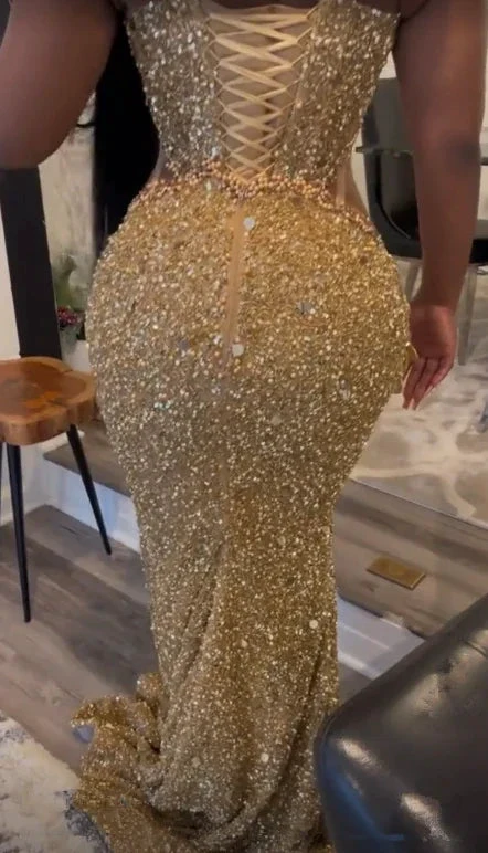 Luxurious Gold Sequins Appliques Evening Dress Mermaid Prom Dress Y7880