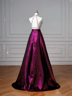Classy Halter Purple Beaded Satin A Line Prom Dress Long Evening Dress Y8609