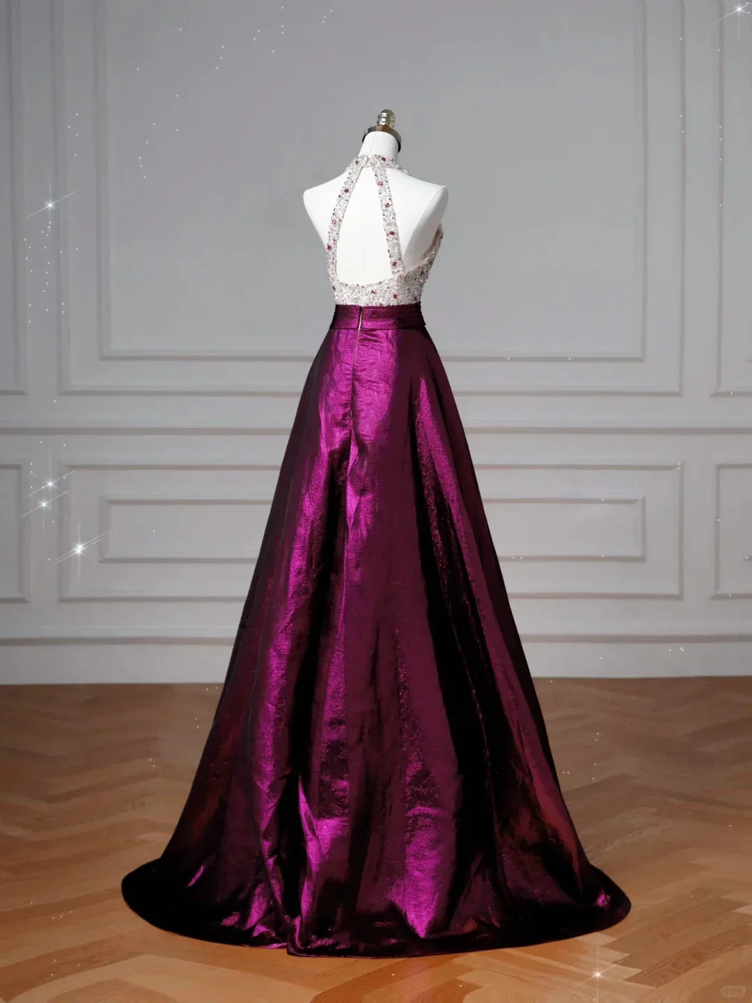 Classy Halter Purple Beaded Satin A Line Prom Dress Long Evening Dress Y8609