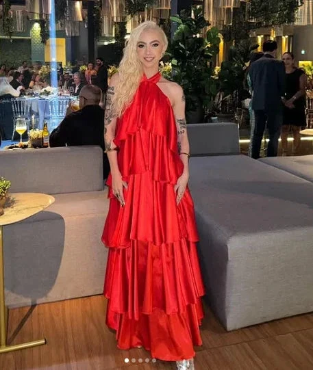 Sexy Halter Red Satin Tiered Prom Dress Formal Long Evening Dress Y8268