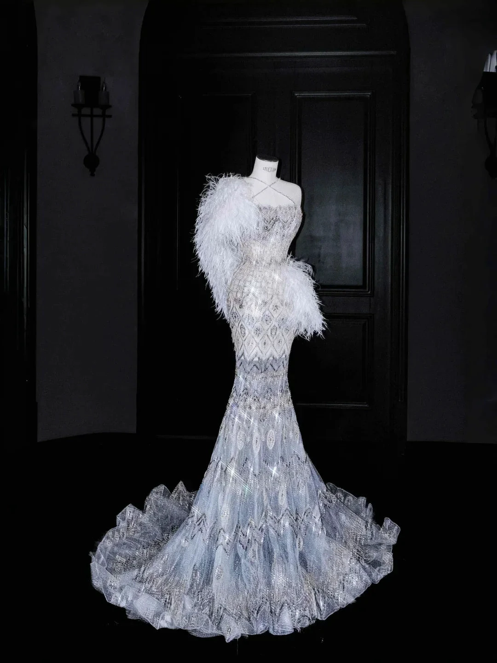 Gorgeous Mermaid Sequins Beaded Wedding Dress,Formal Prom Evening Dress Y8675