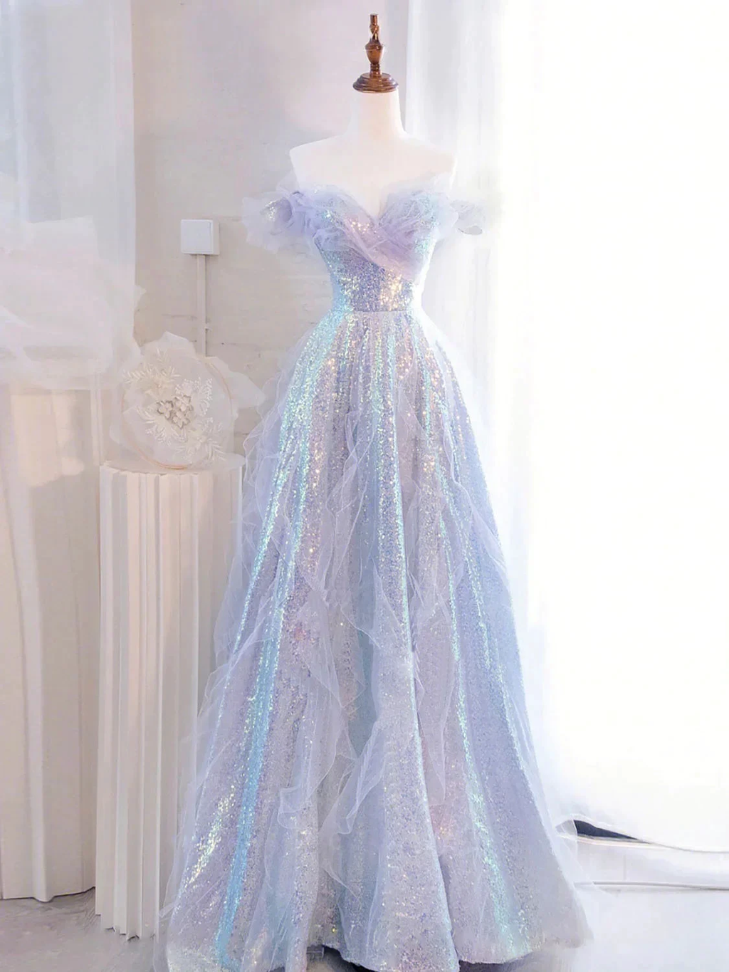Purple Off Shoulder Sequin Tulle Long Prom Dress Purple Formal Evening Dresses Y4659
