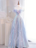 Purple Off Shoulder Sequin Tulle Long Prom Dress Purple Formal Evening Dresses Y4659
