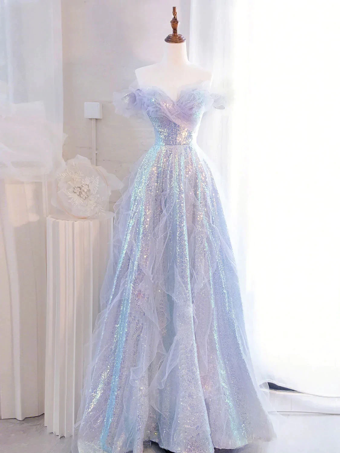 Purple Off Shoulder Sequin Tulle Long Prom Dress Purple Formal Evening Dresses Y4659