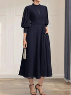A-line High Neck Tea-Length Lace Chiffon Mother of the Bride Dress With Bow