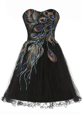 Chic Tulle Satin Beaded Sweetheart Neckline A-Line Short Cocktail Dress Black Homecoming Dress Y8483