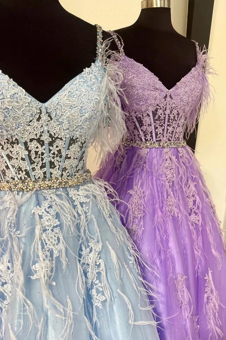 Amalia |A line V Neck Lace Tulle Prom Dress with Beading and Feather