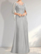 A-line Scoop Illusion Floor-Length Lace Chiffon Mother of the Bride Dress With Pleated Sequins