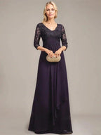 A-line V-Neck Floor-Length Lace Chiffon Mother of the Bride Dress With Cascading Ruffles Sequins