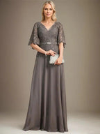 A-line V-Neck Floor-Length Chiffon Lace Mother of the Bride Dress With Crystal Brooch Rhinestone
