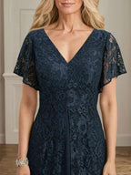 A-line V-Neck Tea-Length Lace Chiffon Mother of the Bride Dress