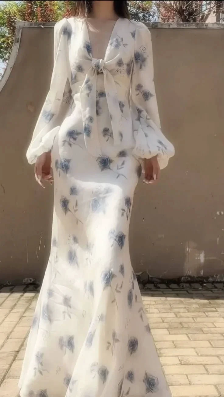 Elegant Ice Blue Rose Chiffon Print Floral Prom Dress Long Mermaid Evening Dress Y8407