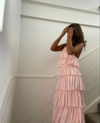 Pink Sleeveless Layered Long Prom Dress,Pink Evening Dress Y2301