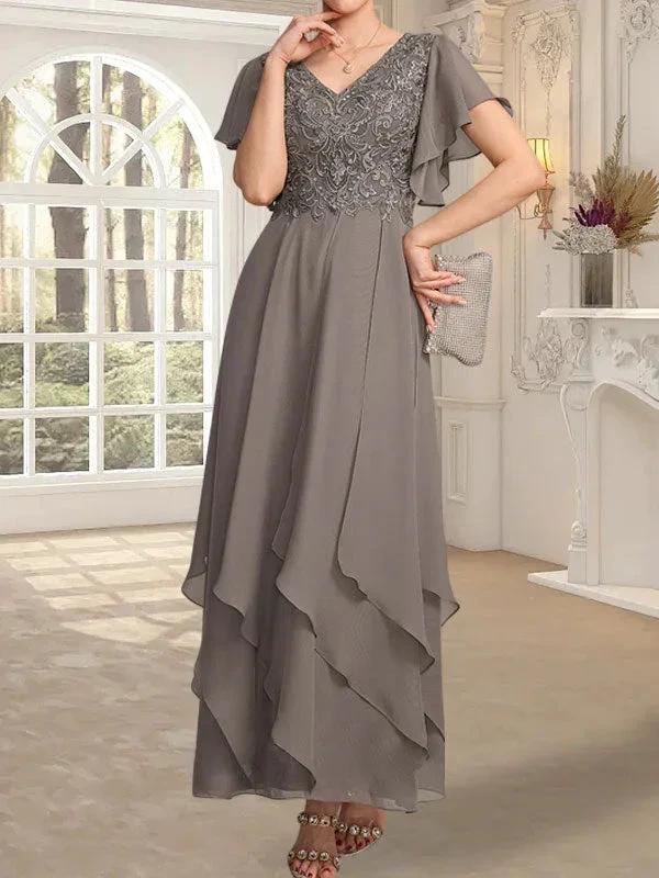 A-line V-Neck Ankle-Length Lace Chiffon Mother of the Bride Dress With Cascading Ruffles