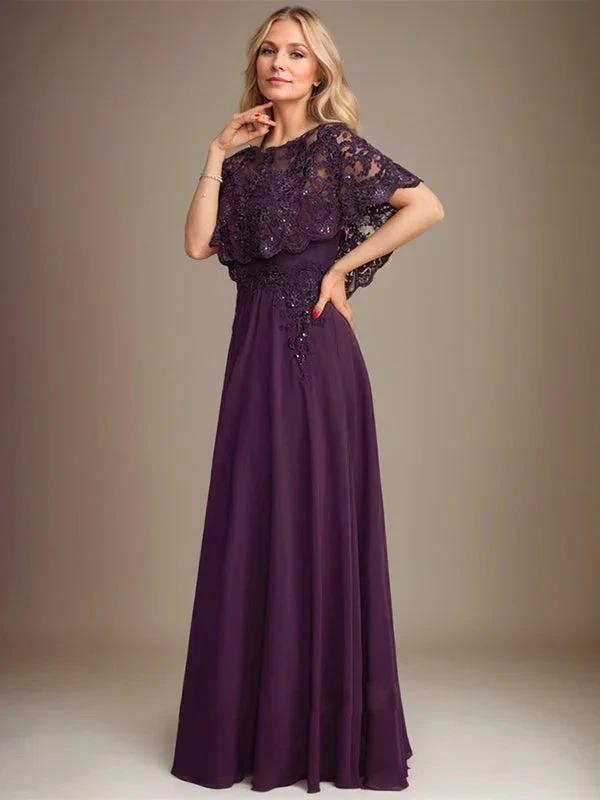 A-line Boat Neck Floor-Length Lace Chiffon Mother of the Bride Dress With Applique Sequins
