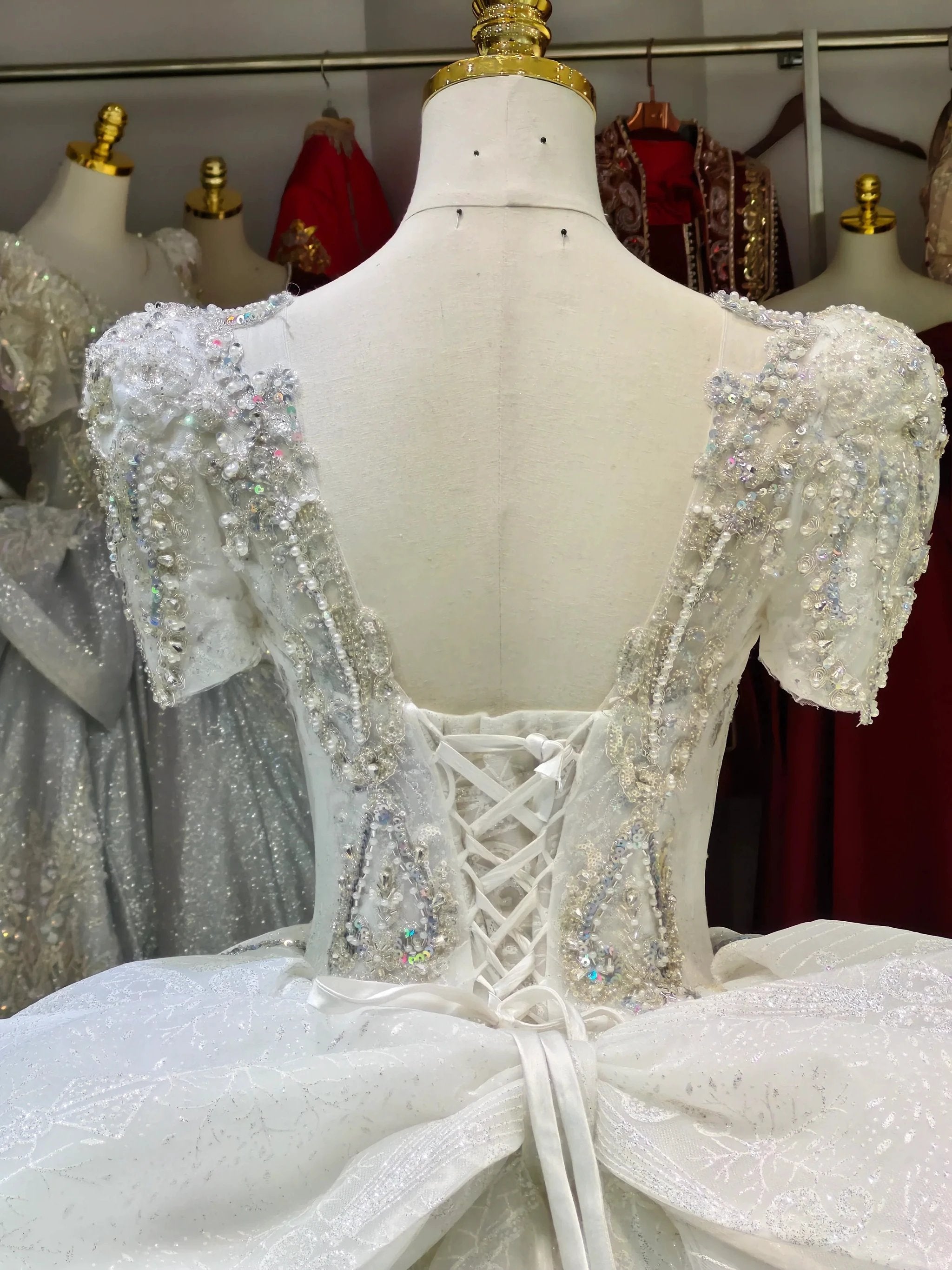 Silver Sparkle Cap-Sleeve Ballgown Beaded Bust & Bow Train