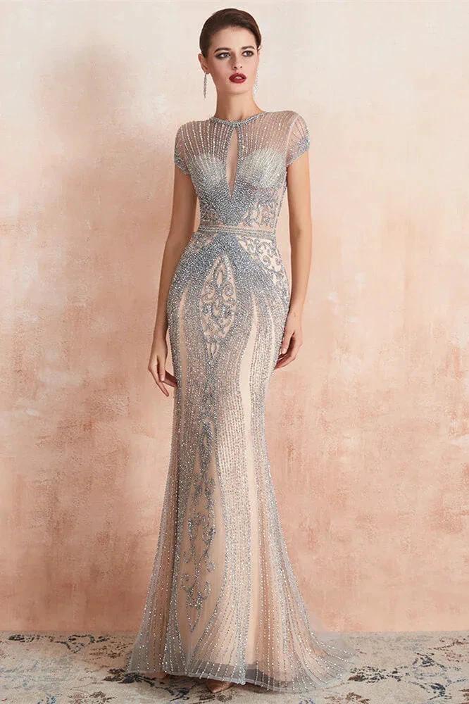 Glamorous Mermaid Beadings Long Prom Dress With Short Sleeves