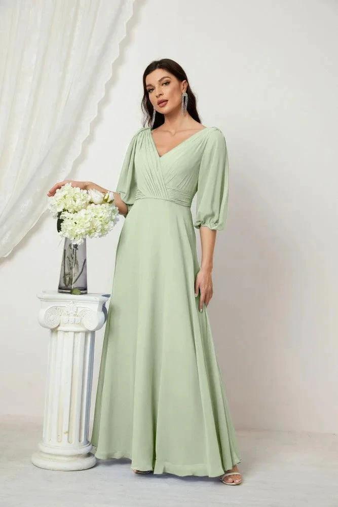 Numbersea  Formal Prom Gown Women V-Neck Chiffon Bridesmaid Dresses Long Bishop Sleeve Party Dress 2807