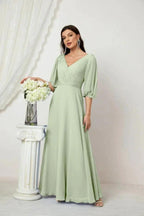 Numbersea  Formal Prom Gown Women V-Neck Chiffon Bridesmaid Dresses Long Bishop Sleeve Party Dress 2807