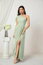 Numbersea  Chiffon Ruffled One Shoulder Long Bridesmaid Dresses A-line Formal Evening Gown Side Split 2809