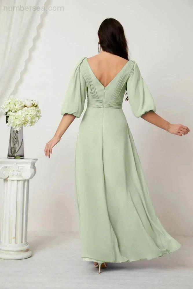 Numbersea  Formal Prom Gown Women V-Neck Chiffon Bridesmaid Dresses Long Bishop Sleeve Party Dress 2807