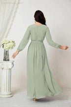 Sunnderly Evening Dresses Deep V-Neck Chiffon Bridesmaid Dresses Long Bishop Sleeve Side Split Formal Dress SY2806