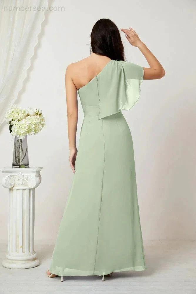 Numbersea  Chiffon Ruffled One Shoulder Long Bridesmaid Dresses A-line Formal Evening Gown Side Split 2809