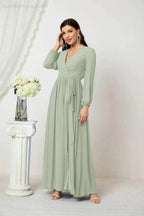 Sunnderly Evening Dresses Deep V-Neck Chiffon Bridesmaid Dresses Long Bishop Sleeve Side Split Formal Dress SY2806