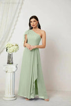 Numbersea  Chiffon Ruffled One Shoulder Long Bridesmaid Dresses A-line Formal Evening Gown Side Split 2809
