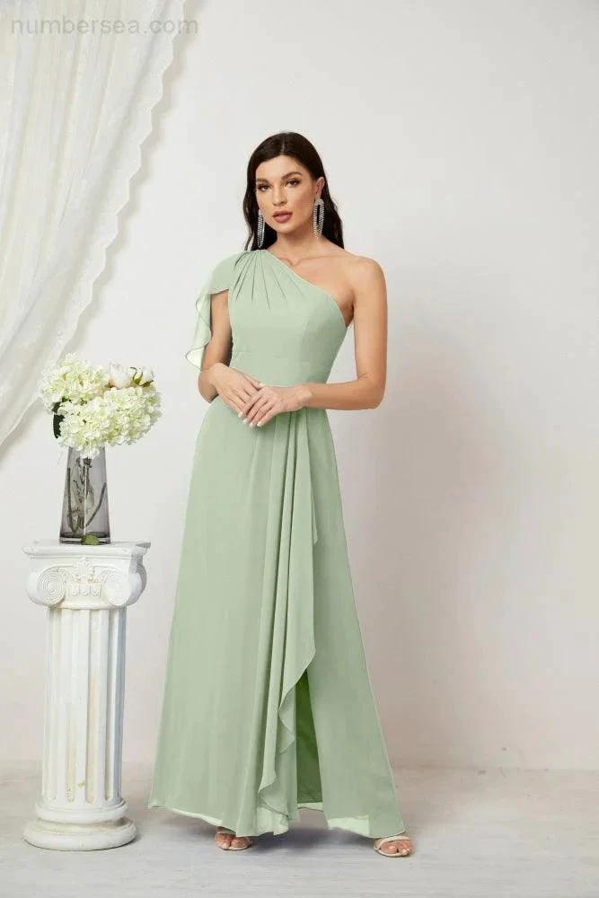 Numbersea  Chiffon Ruffled One Shoulder Long Bridesmaid Dresses A-line Formal Evening Gown Side Split 2809