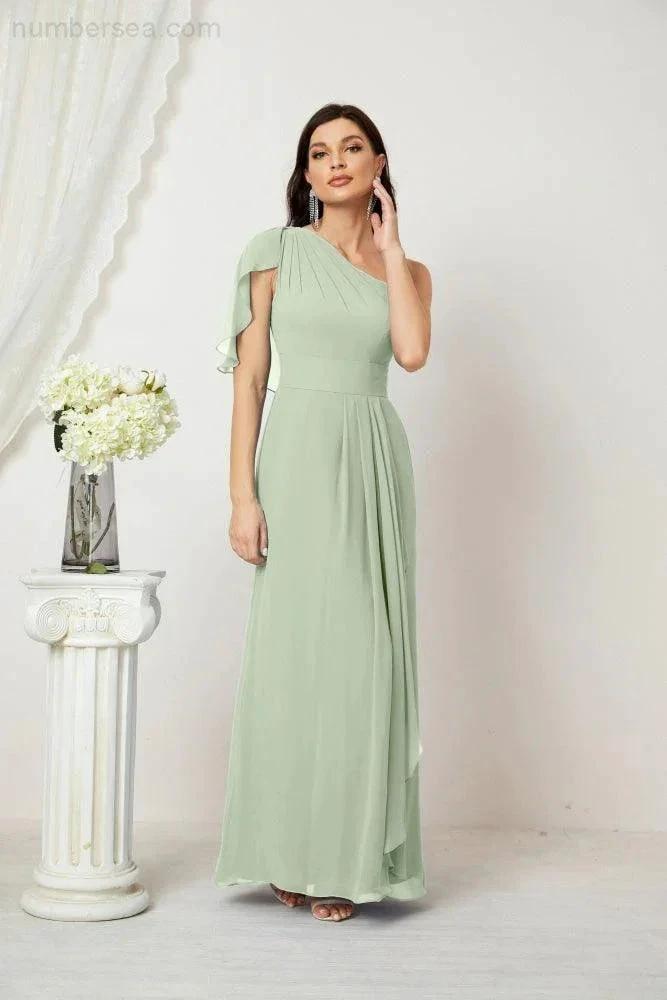 Numbersea  Chiffon Ruffled One Shoulder Long Bridesmaid Dresses A-line Formal Evening Gown Side Split 2809