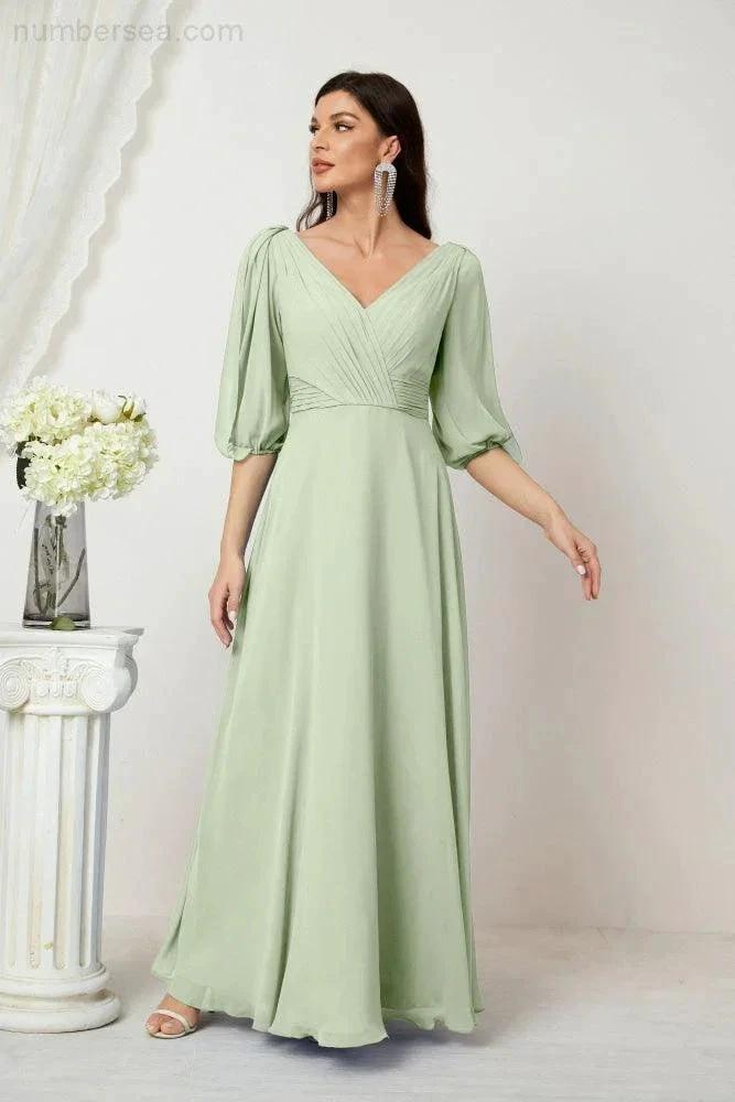 Numbersea  Formal Prom Gown Women V-Neck Chiffon Bridesmaid Dresses Long Bishop Sleeve Party Dress 2807