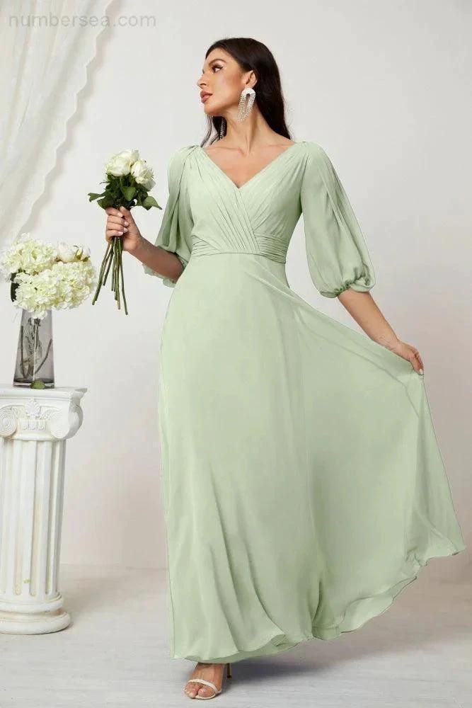 Numbersea  Formal Prom Gown Women V-Neck Chiffon Bridesmaid Dresses Long Bishop Sleeve Party Dress 2807