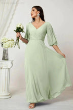 Numbersea  Formal Prom Gown Women V-Neck Chiffon Bridesmaid Dresses Long Bishop Sleeve Party Dress 2807